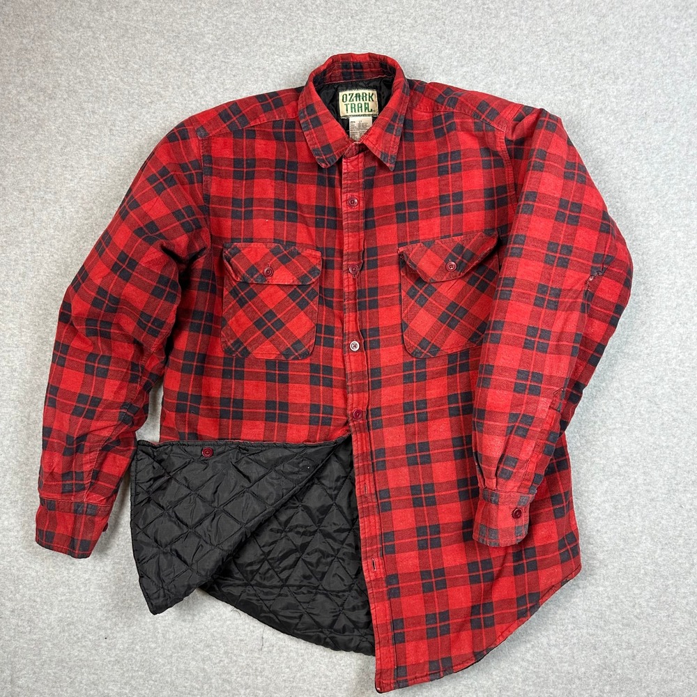 Ozark Trail Mens LT Red Black Buffalo Plaid‎ Quilted Lined Flannel Shirt Jacket - Picture 6 of 9